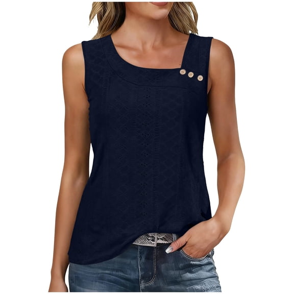 Stamzod Women's Summer Tank Tops 2026 Square Neck Loose Fit Casual Eyelet Tunic Sleeveless Shirts Navy M