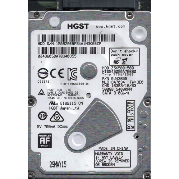 HTS545050A7E680 P/N: 0J43605 MLC: DA7034 China HGST 500GB