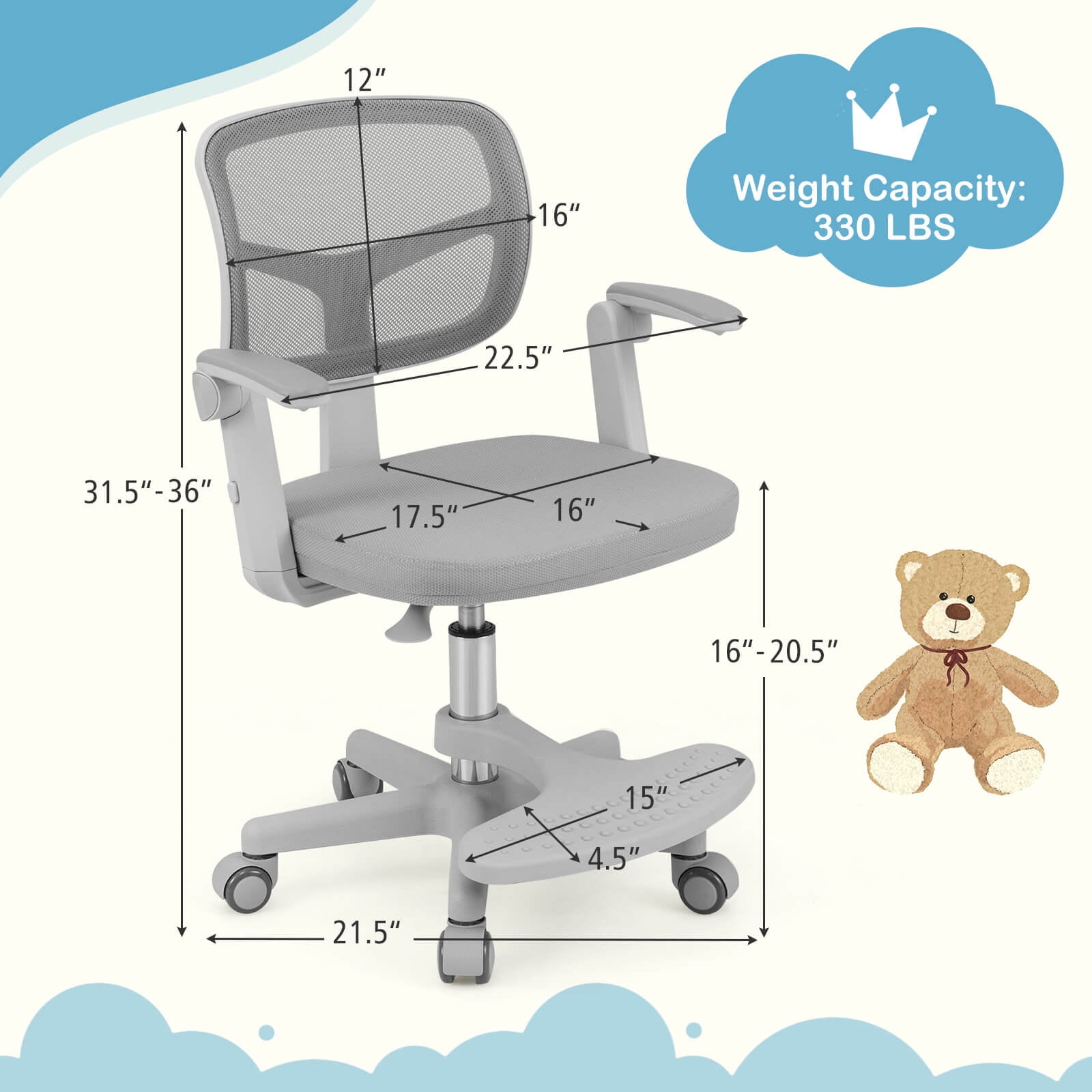 Costway Kids Desk Chair Children Study Chair with Adjustable Height, Armrest & Footrest Gray