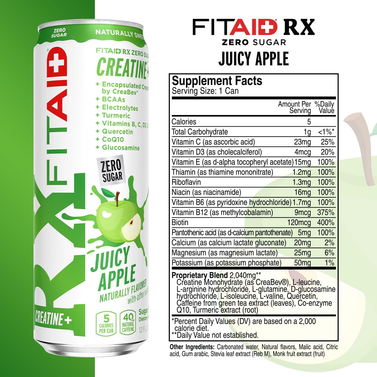 LifeAid RX Zero Sugar Encapsulated Creatine Workout Recovery Drink, Juicy Apple 24 Can Pack, 12 Oz
