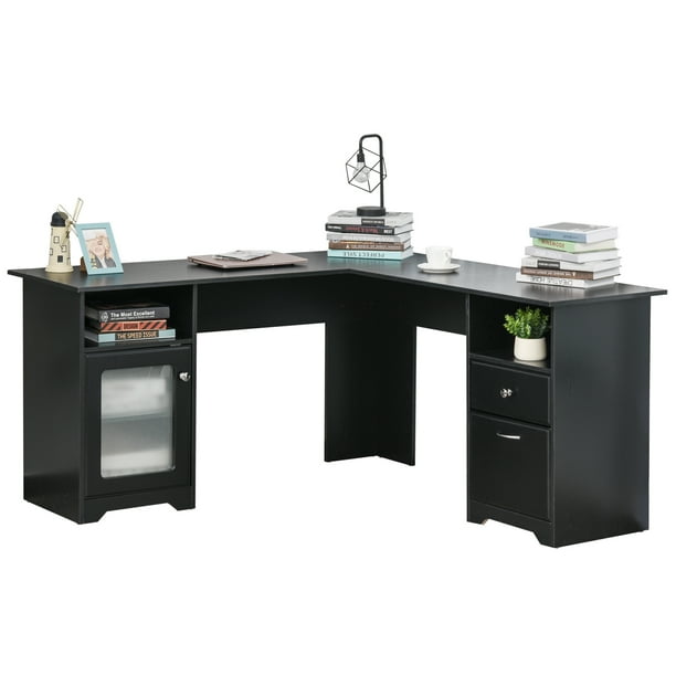 LShaped Corner Computer Desk with Storage Shelf & Drawers