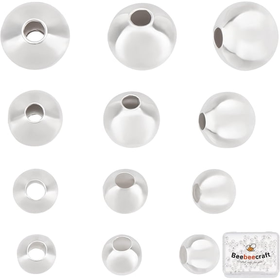 1 Box 200Pcs 4 Size Round Spacer Beads 925 Sterling Silver Plated Brass Smooth Loose Beads Resistant Seamless for Necklace Bracelet Earring Jewelry Making for DIY