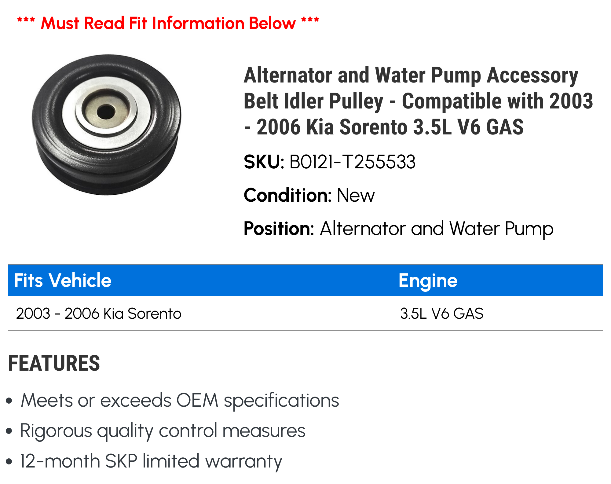 Evan-Fischer Accessory Belt Idler Pulley For Kia Sorento 2003-2006 - Replaces 231520, 977023E200