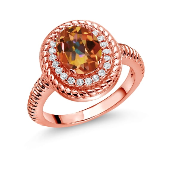 Gem Stone King 2.26 Ct Oval Ecstasy Mystic Topaz 18K Rose Gold Plated Silver Halo Engagement Ring (Size 6)