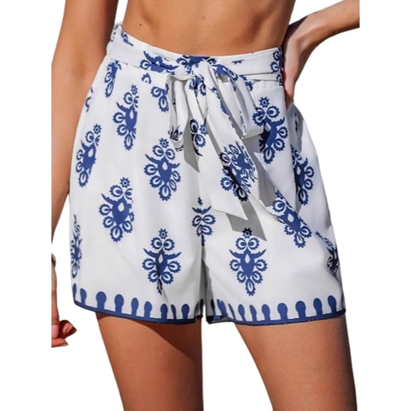 Women'S Floral Printed Shorts Elastic High Waist Wide Leg Flowy Boho Shorts Royal Blue L