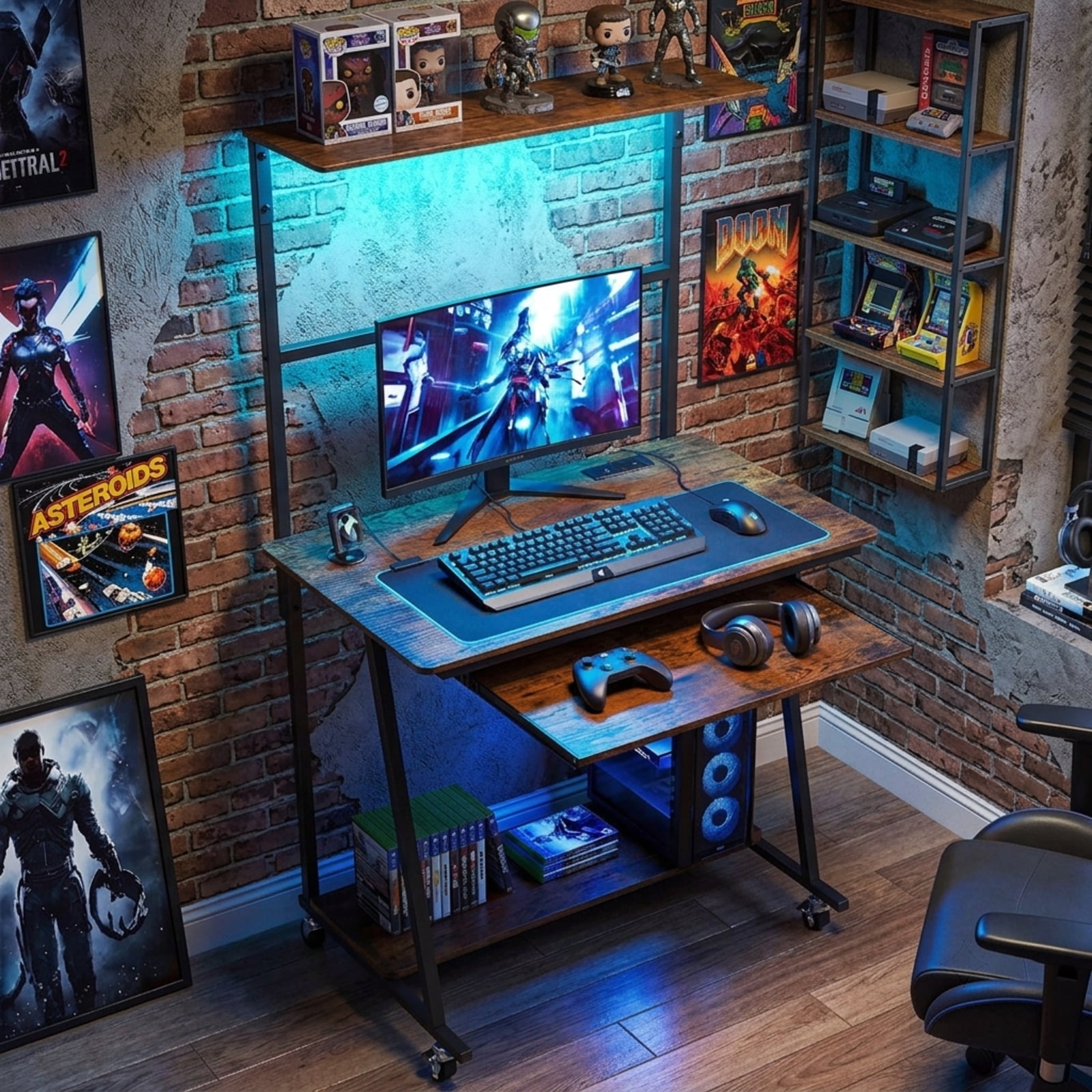 Furnibear Small Computer Desk with Charging Station, Rolling Home Office Desk with LED Lights and 4-Tier Storage for Bedroom Dorm, Rustic Brown