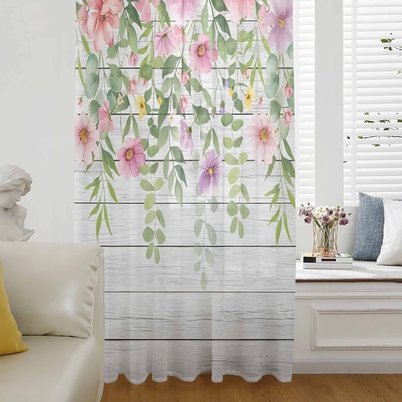 Colorful Flowers Semi Sheer Curtains Drapes for Living Room,Bedroom,French Doors Window 84 Inches Long,Spring Leaves Floral Botanical Wood Grain Rod Pocket Chiffon Curtain Voile Drapery Panel