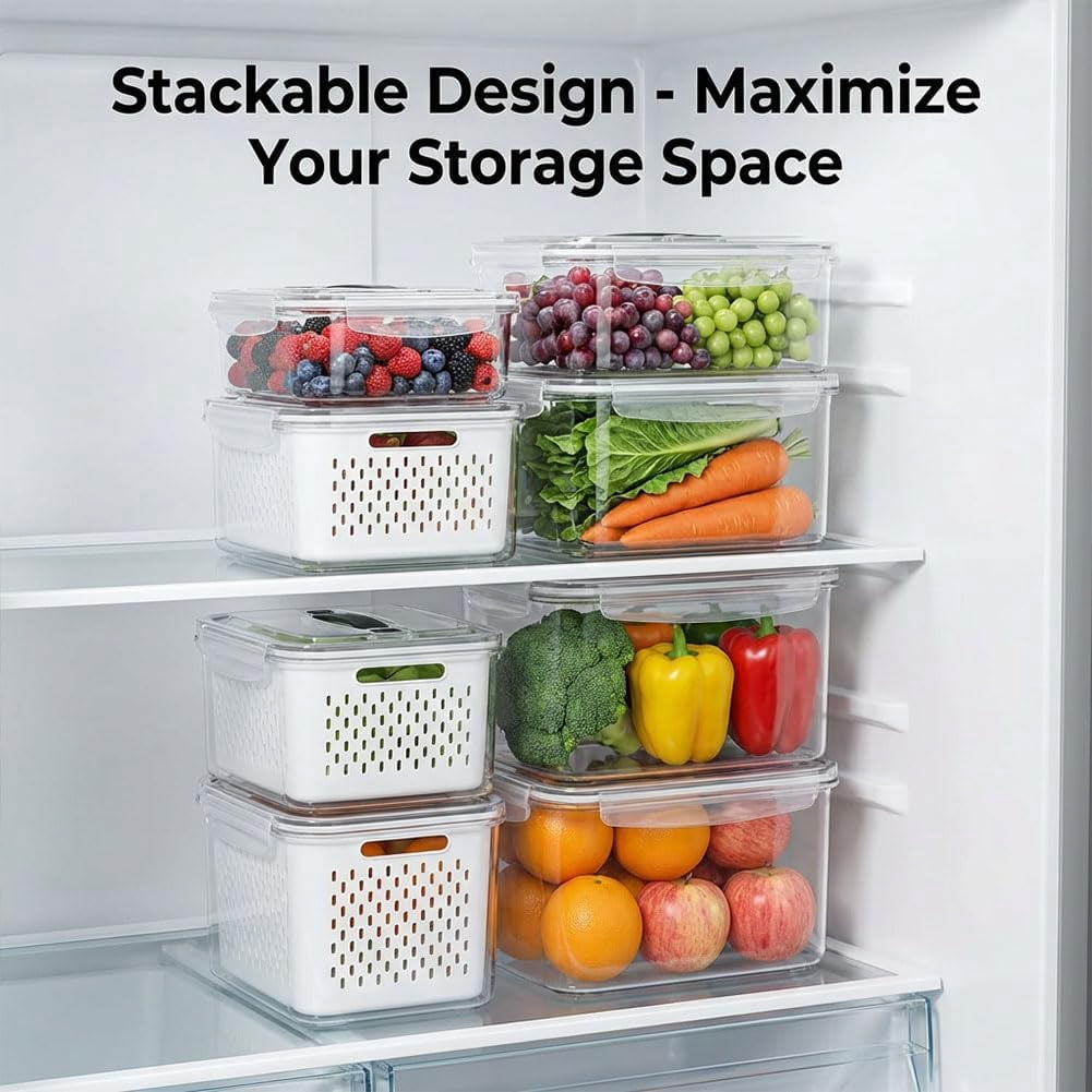 4 in 1 Food Storage Containers for Fridge,Household Transparent Plastic Food Storage Box-Including Drain Basket&Lid,Airtight Produce Container for Fruit Vegetable Organization (blue)(Q)