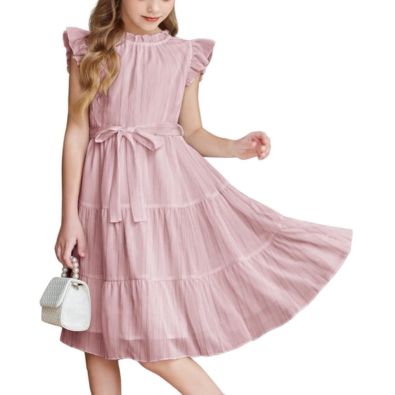 Arshiner Tween Girls Summer Dress Formal Ruffle Sleeve A Line Casual Elegant Dresses with Belt