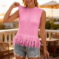 thumbnail image 4 of Vivianyo HD Women's Fringe Hem Hollow Knit Sleeveless Tank Top, Boho Crochet Casual Crop Vest Top, Women's Pink, Sizes S-2XL, 4 of 8