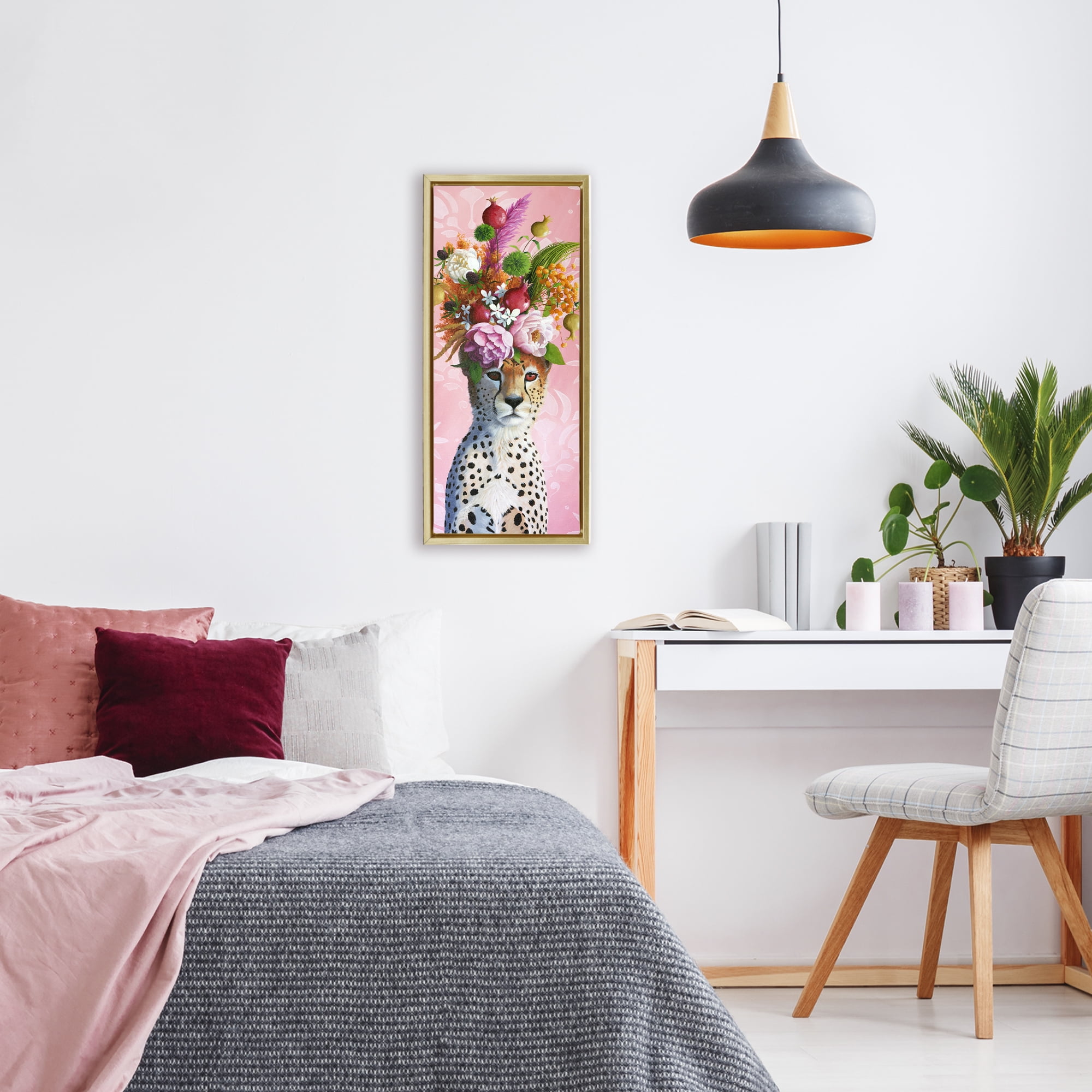 Serious Cheetah & Florals Gold Framed Floater Canvas Wall Art, design by Heather Gauthier