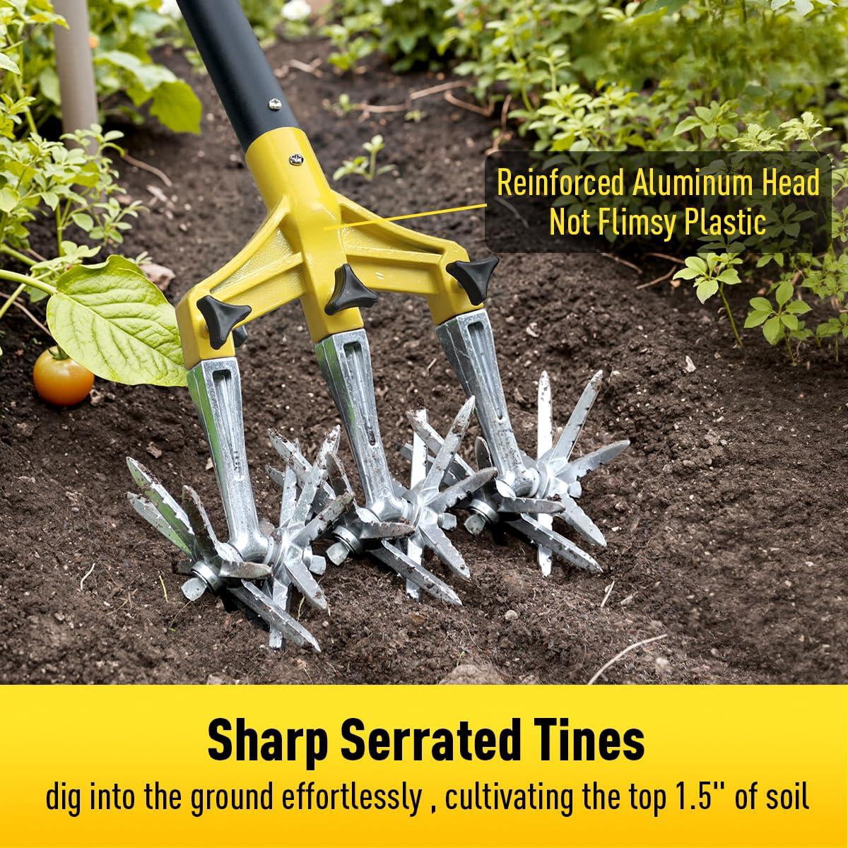 Rotary Cultivator Garden Tool 61''  Hand Tiller With Detachable Aluminum Tines Cultivators For Gardening Soil Or Reseeding Grass Manual & Tillers Flowers Beds