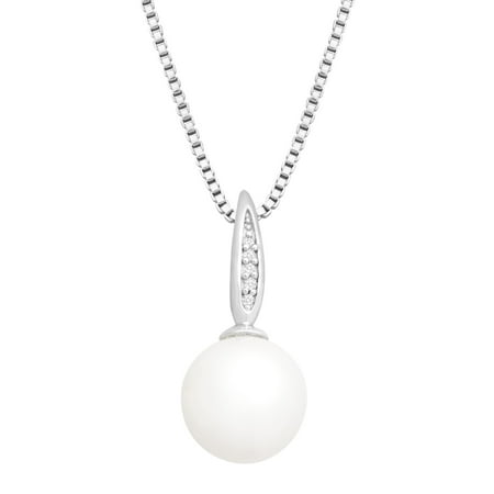 Freshwater Pearl Pendant Necklace with Diamonds in Sterling Silver