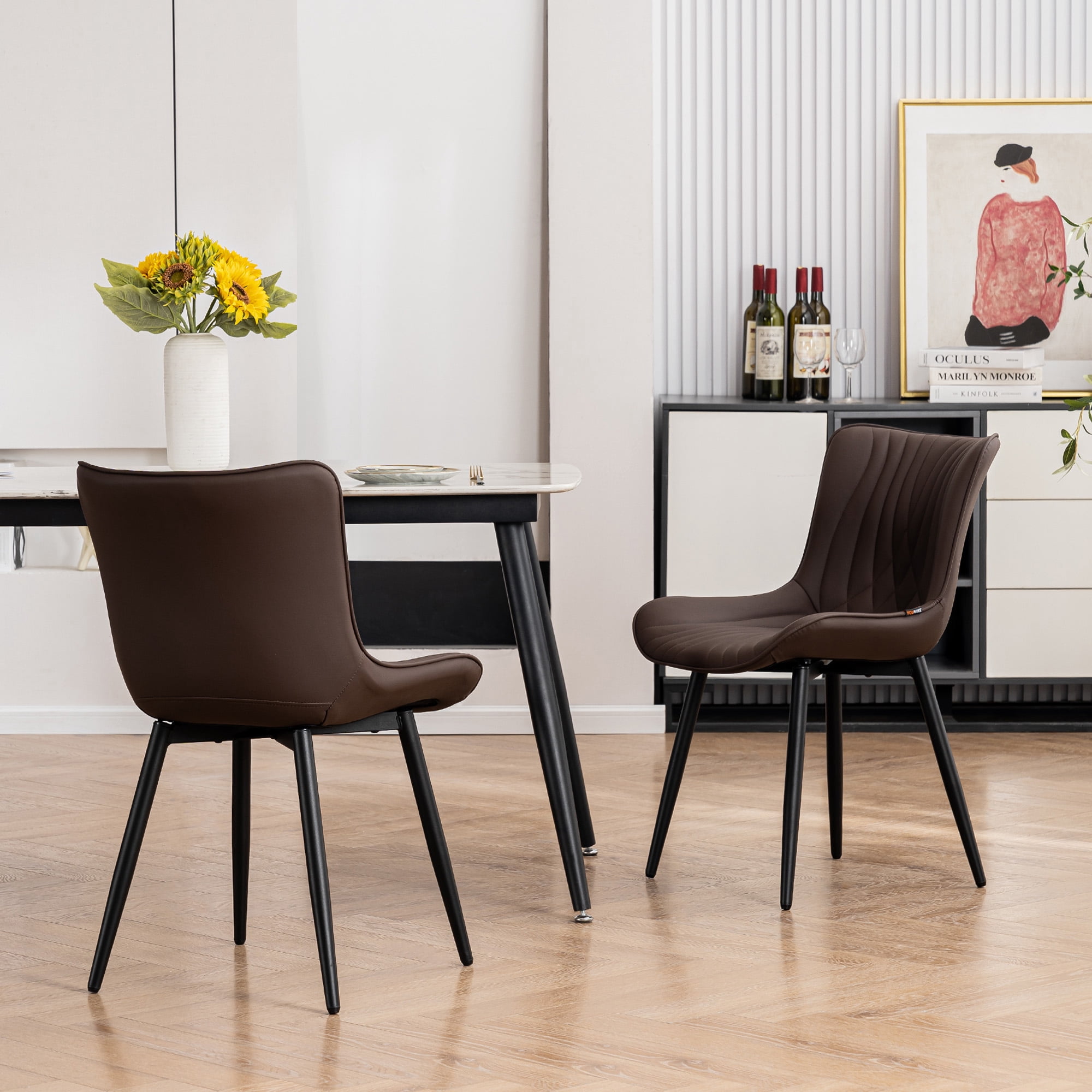 YOUNIKE Dining Chairs with Metal Legs Wing Backrest Set of 2 Upholstered Dinner Side Chair, Brown