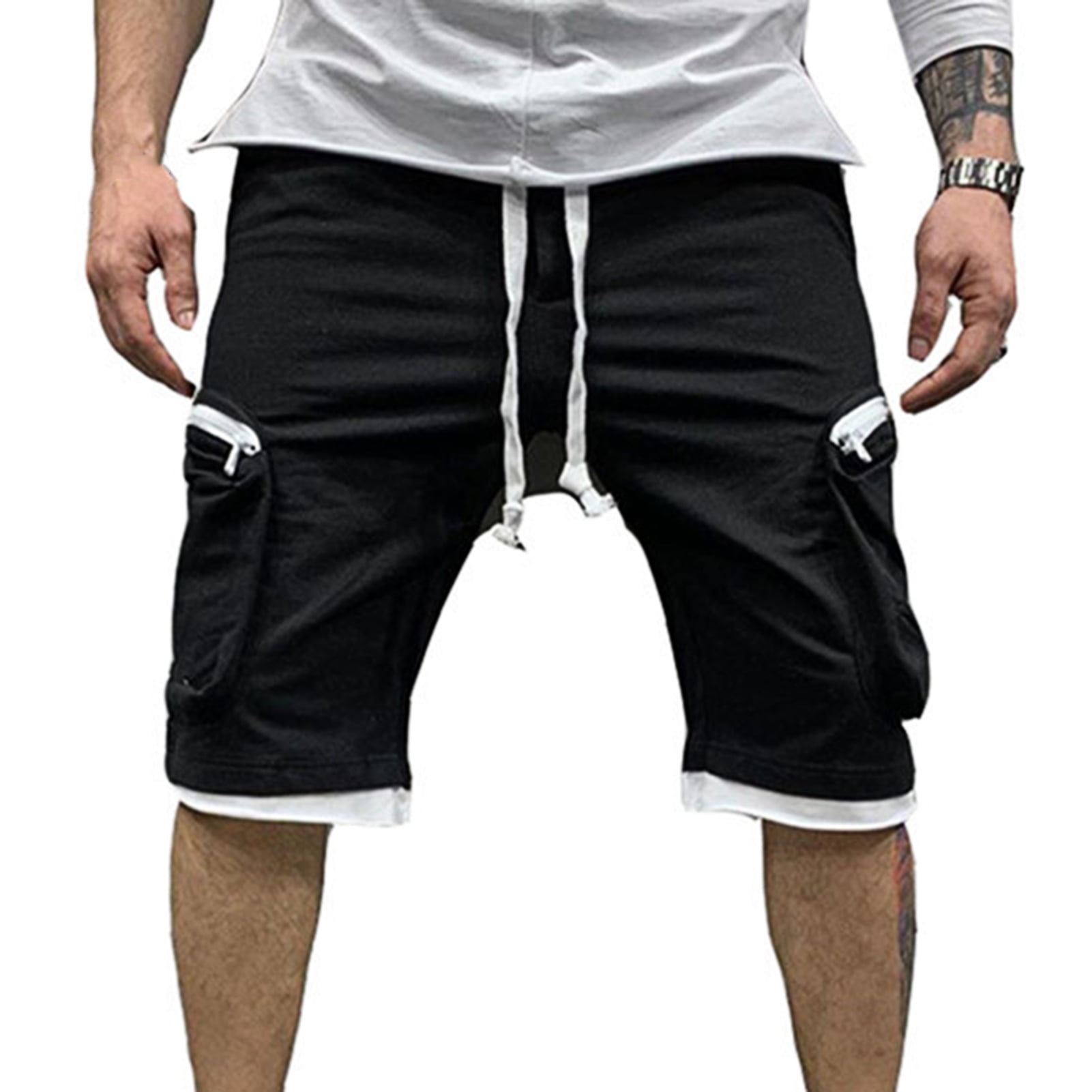 HoWD Fake Two Piece Cargo Shorts Knee Length Men Wide Leg Straight ...