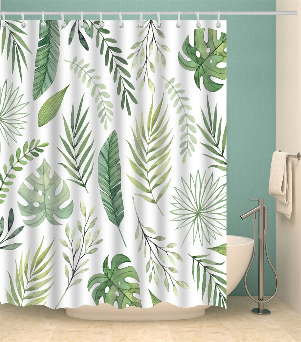 Green Leaf Shower Curtain Set With Hooks Various Leaves Palm Green Herb