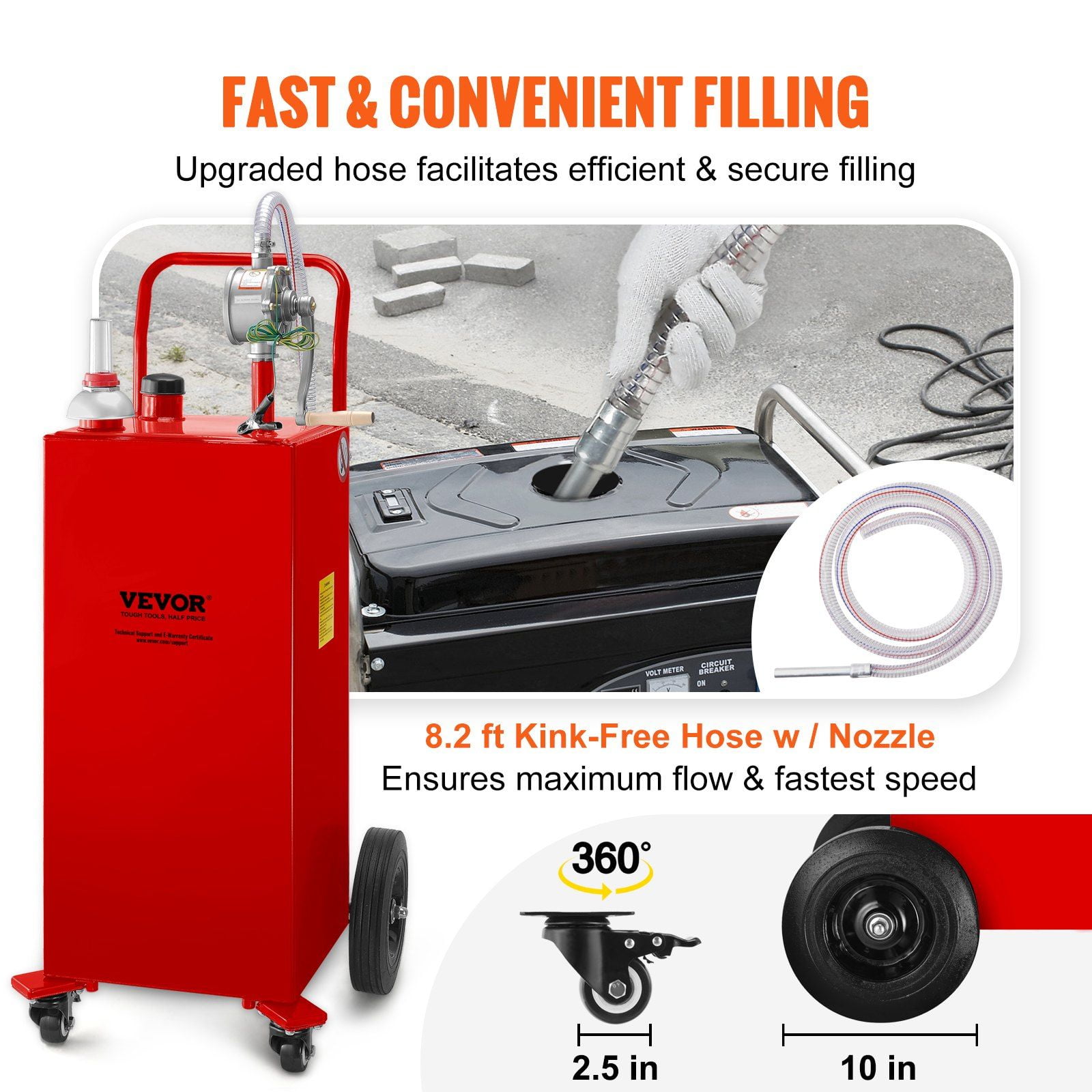 35 Gallon Red Fuel Caddy with Manual Transfer Pump 4 Wheel Gas Diesel Storage Tank for Cars Lawn Mowers ATVs Boats