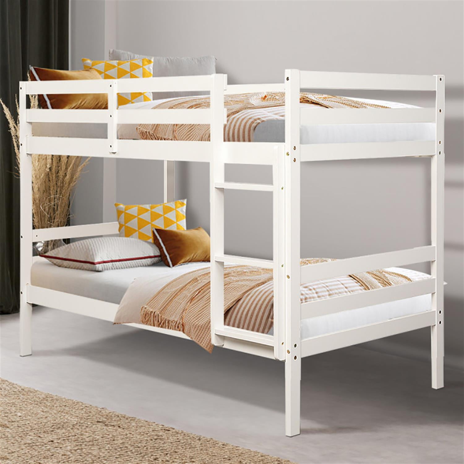 Demi Bonn Twin Size Over Wood Bunk Bed with Ladder and Safety Rail, Twin Sturdy Bunk Beds, White