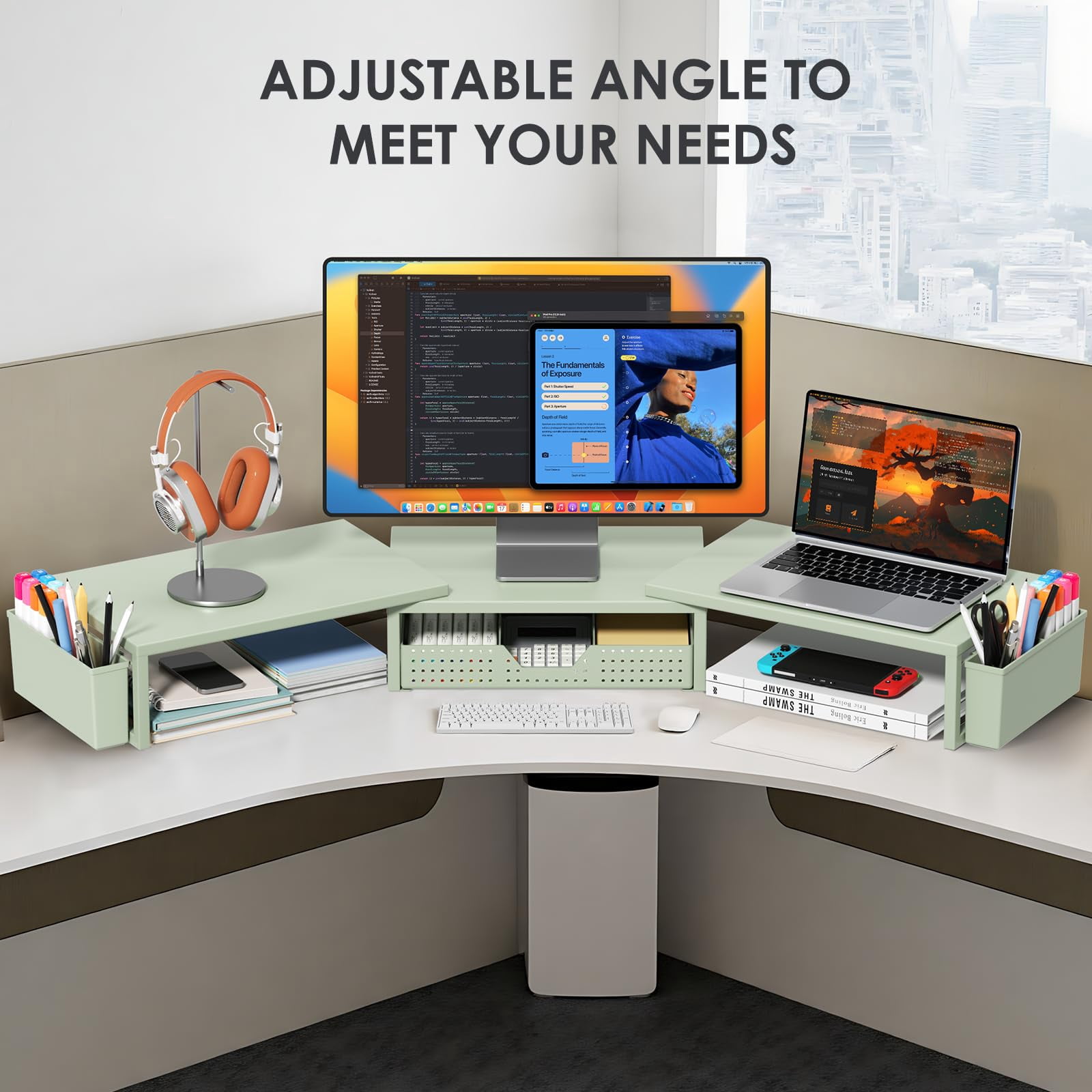 Desk Organizers And Accessories  Dual Monitor Stand Riser With Drawer 2 Pen Holders Shelf Metal Computer For Office Workspace Desktop Organization (green Metal)