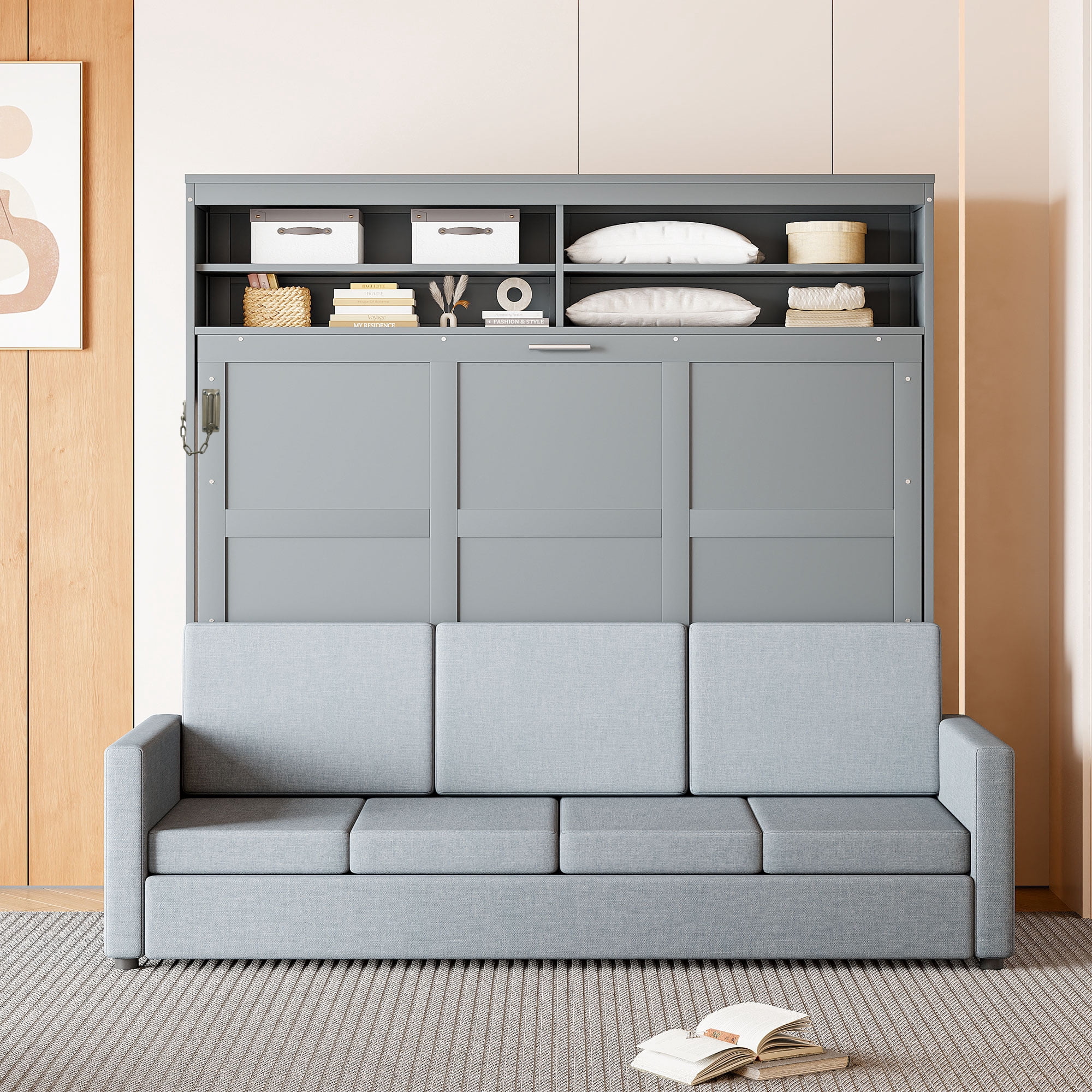 Queen Size Murphy Bed with Sofa and Open Storage Adjustable Shelves for Small Space, Guest Room