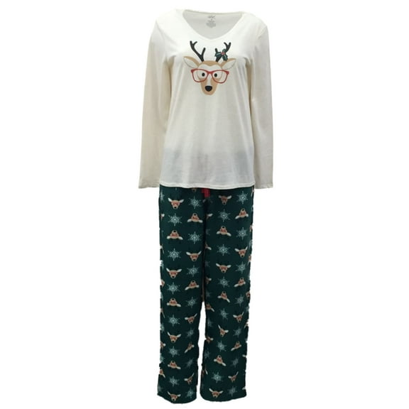 Womens Green Reindeer Pajamas Fleece Sleep Pants T-Shirt Set Large
