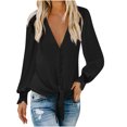 thumbnail image 2 of Craaazy Women's V Neck Long Sleeve Shirts Casual Curved Hem Tunic Tops Basic Loose Fit T Shirts Casual Tops Gifts, 2 of 6