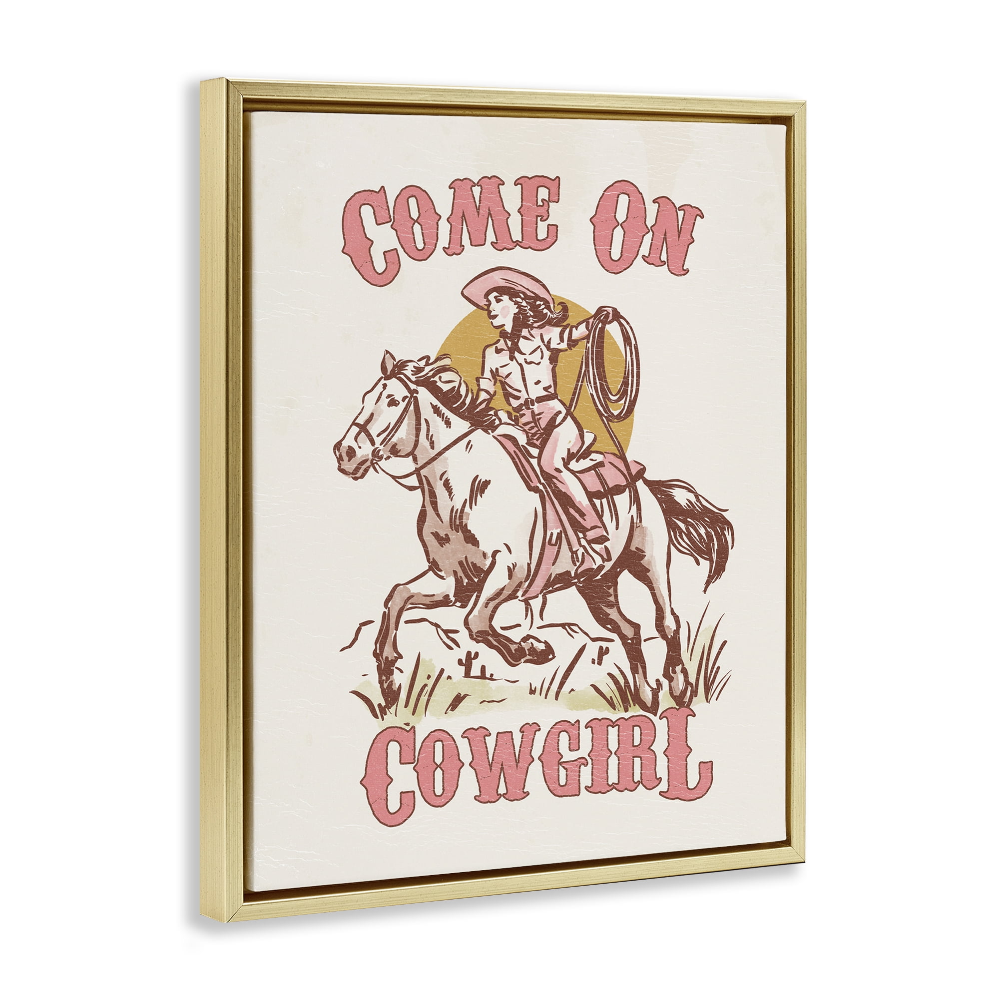 Stupell Industries Pastel Come On Cowgirl Entertainment Painting Gold Floater Framed Canvas Art Print Wall Art, 25 x 31
