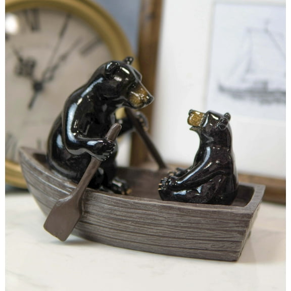 Western Rustic Black Bears Father and Son Family Rowing Canoe Boat Figurine