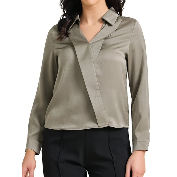 BLUSA DE TRABAJO DE SATÉN PARA MUJERES INSPIRE CHIC CON CUELLO EN V Y MANGAS LARGAS, CAMISA ELEGANTE DE OFICINA TALLA L, CAQUI OSCURO
