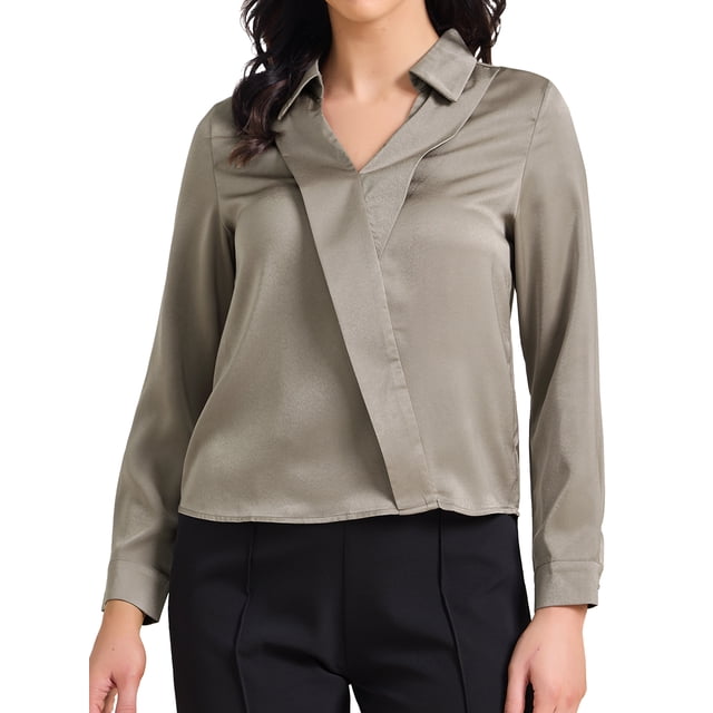 BLUSA DE TRABAJO DE SATÉN PARA MUJERES INSPIRE CHIC CON CUELLO EN V Y MANGAS LARGAS, CAMISA ELEGANTE DE OFICINA, TALLA S, CAQUI OSCURO