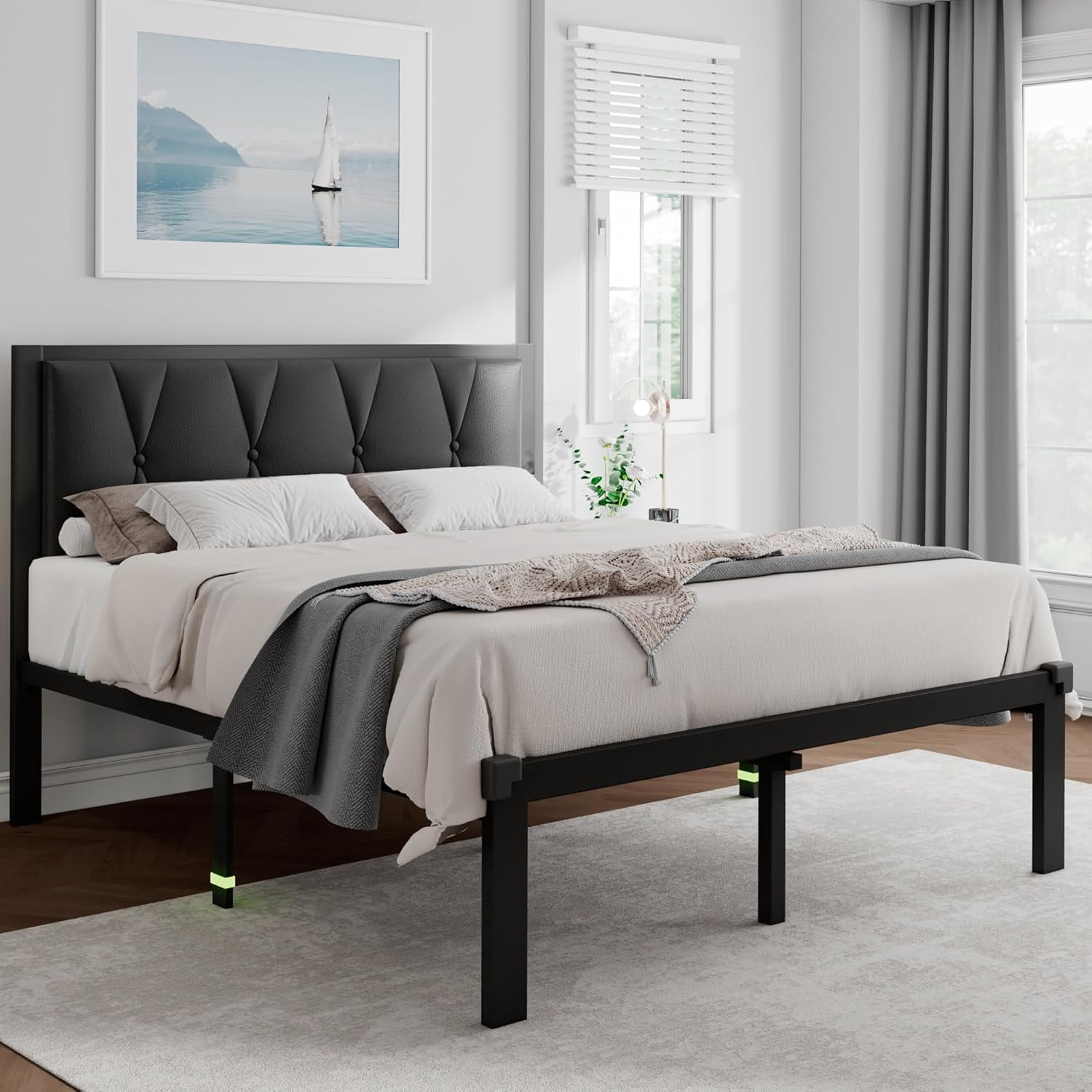 Feonase Full Size Metal Platform Bed Frame,Faux Leather Button Tufted Headboard&12" Underbed Storage,  Black