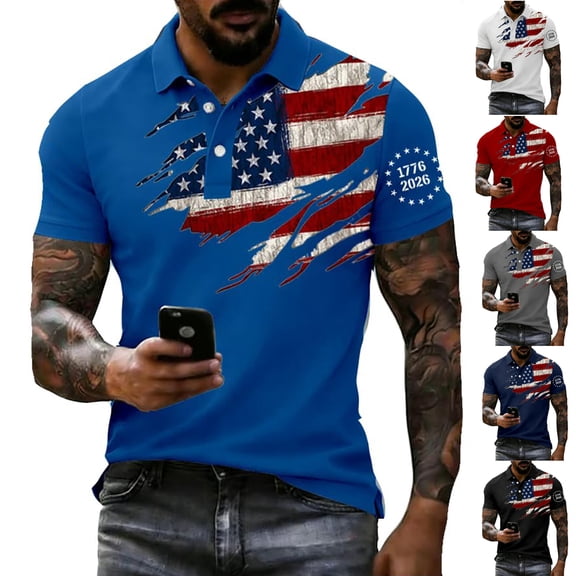 Mens Shirts Men's 250th Anniversary Loose Casual Flag Print Short Sleeve Collared Shirt Patriotic Tee for Independence Day Celebrations Men's Clothing Black L