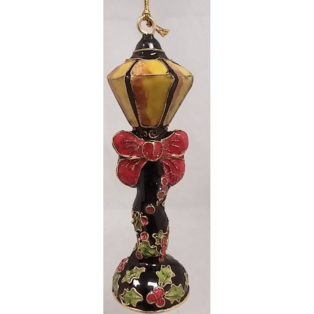Victorian Enameled Lamp Post with Christmas Bow and Holly Ornament