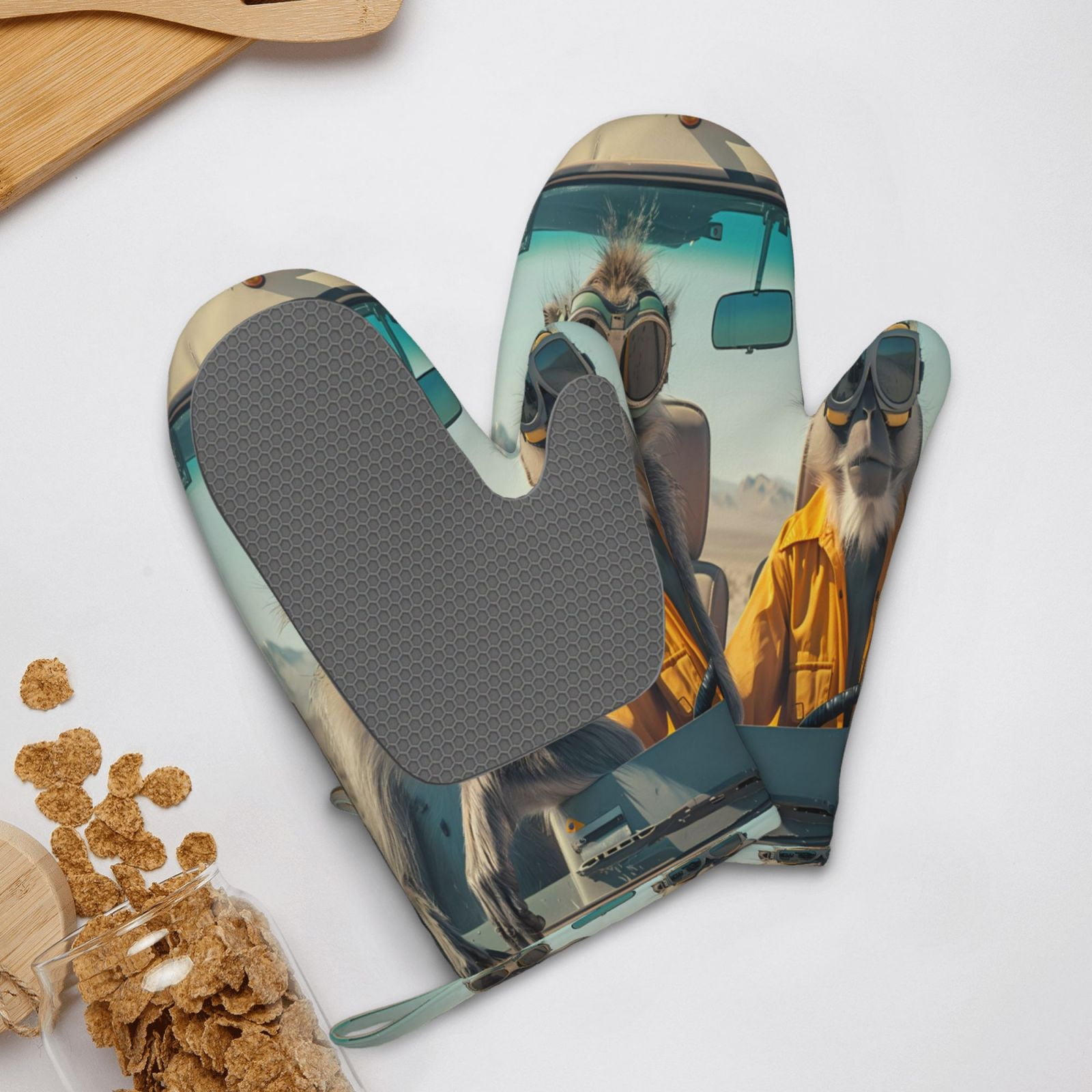 Hirioo Desert Monkeys Drive for Silicone Oven Mitts for BBQ, Baking, Cooking, Set of 2, Heat Resistant 260℃, Non-Slip Kitchen Essentials