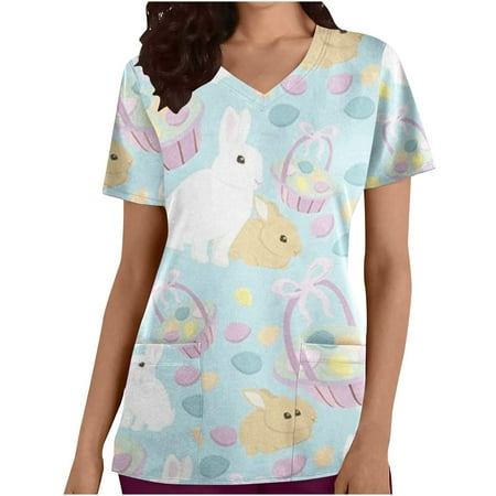 

SELONE Easter Scrubs for Women Tops Graphic Short Sleeve V Neck Bunny Gnomes Easter Eggs Printing with Pockets Workwear Casual Summer Cute Spring Trendy Comfortable Fashion Pullover Vintage Green S