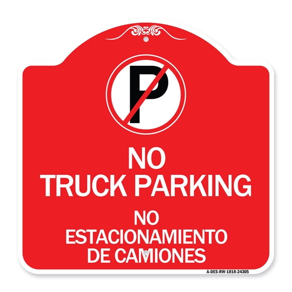 SignMission Designer Series Sign - Bilingual No Parking Sign No Truck Parking No Estacionamiento De Camiones (With No Parking Symbol) | Red & White 18" X 18" Heavy-Gauge Aluminum