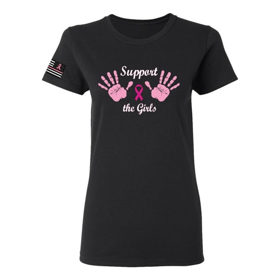 Wild Bobby Support the Girls USA Flag Sleeve Breast Cancer Awareness Women Tee, Black, Small