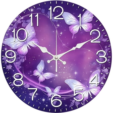SBEMP10 Inch Silent Wall Clock, Purple Butterfly Starry Sky Decorative Wall Clock, Battery Operated Non-Ticking Round Clock for Living Room Bedroom Girls Home Decor