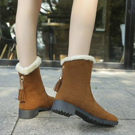 

Aueoeo Womens Ankle Boots Snow Boots For Women Women S Winter Suede Warm Round Toe With Flat Fleece Medium Tube Fringe Snow Boots