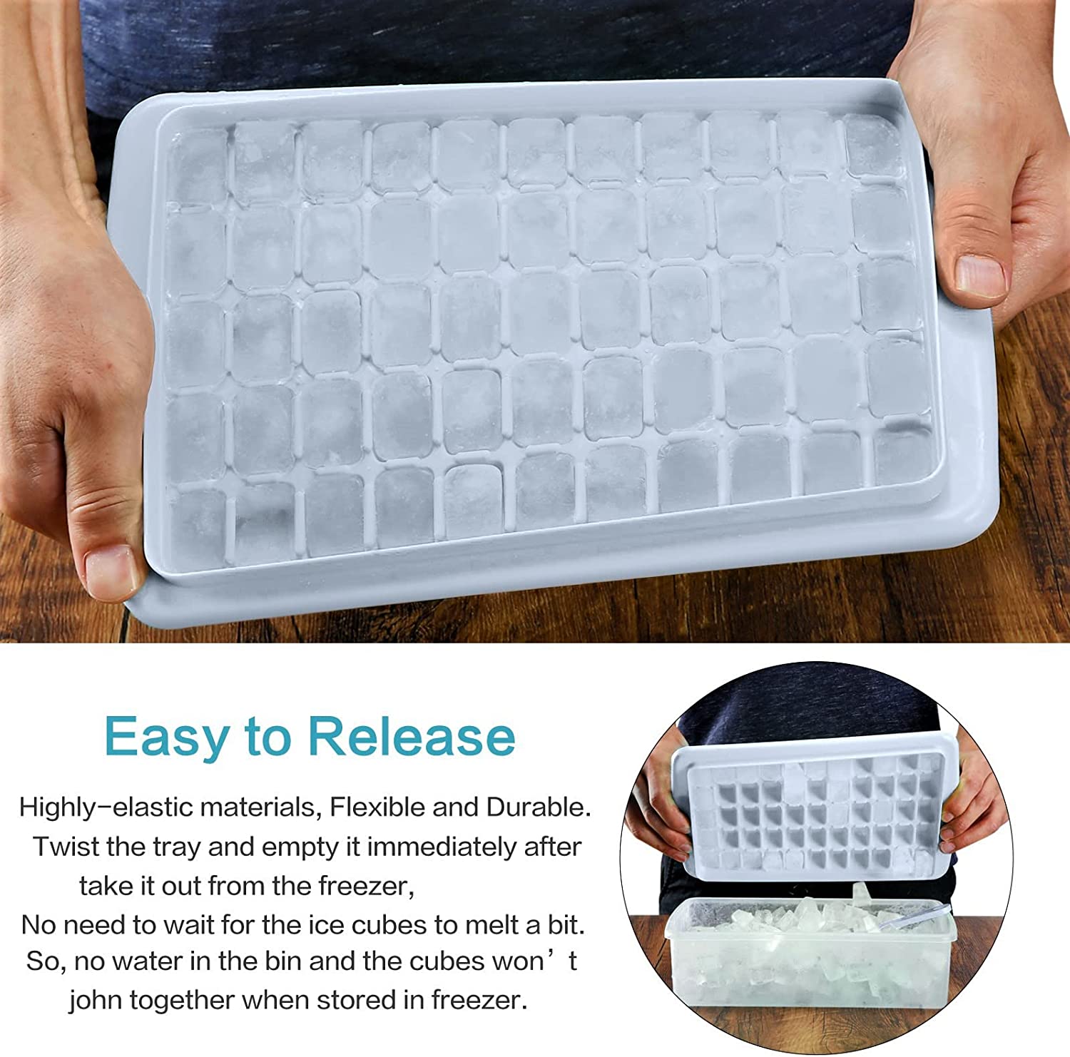Ice Cube Maker Trays for Freezer with Lid and Storage Box, Easy Release 55 Mini Nugget Ice Cubes Tray with Cover, Ice Holder, Scooper, Flexible Durable Plastic Ice Mold & Bin, BPA Free