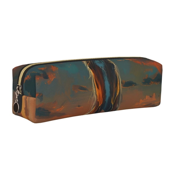 Easygdp Sunset Prairie Meditating Horse para Estuche de Lápices de Cuero, Estuche de Papelería de Cuero, Estuche de Gran Capacidad con Cremallera