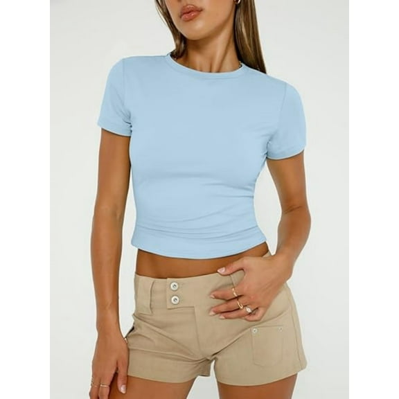 Womens Basic Short Sleeve Slim Fit T Shirts Soft Crewneck Crop Tee Summer Cute Gym Fashion Clothes