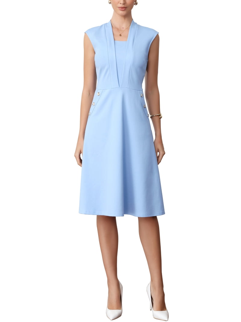 work dresses midi length INSPIRE CHIC 2026 Summer Dress for Women Midi Length Cap Sleeve Pockets Elegant Office Work Dresses L Light Blue, Women's, Size: Large