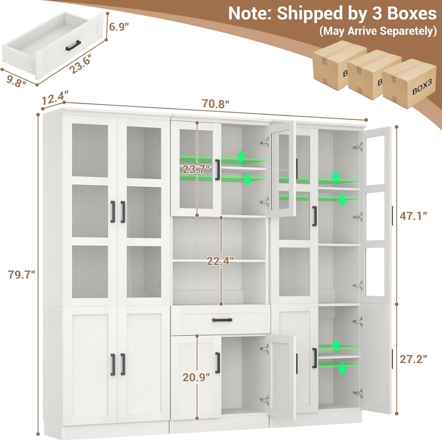 Homieasy 79.7'' Tall Pantry Cabinet 3-Piece Set - 70.8'' Width Kitchen Hutch Cabinet with Drawer and Adjustable Shelves, Suitable for Dining/Kitchen/Living Room, Off-White