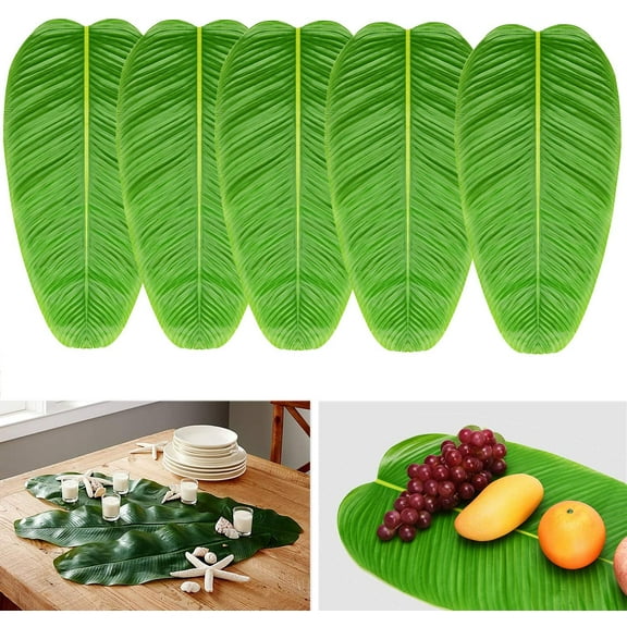 AURORA TRADE 5PCS Large Artificial Banana Leaves, Faux Tropical Leaves for Hawaiian Luau Party Jungle Beach Island Adventure Theme Party Wedding Home Kitchen Decor