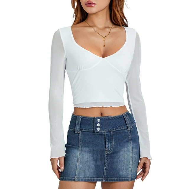 Fortune Women Mesh Long Sleeve Tops Deep V Neck Shirt Tee Basic Slim Fitted Crop Top