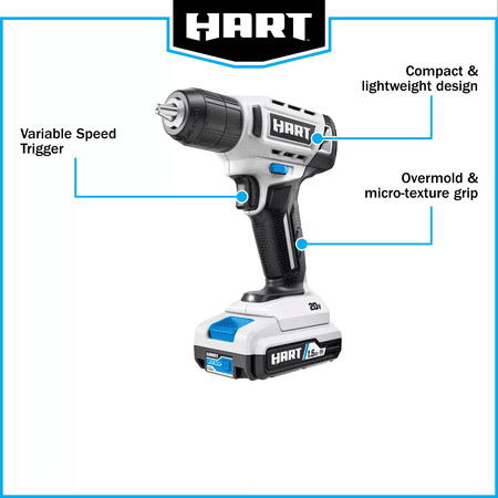 HART 20V 3/8” DRILL/DRIVER KIT WITH 250 FT-LB TORQUE, 1.5AH LITHIUM-ION BATTERY AND CHARGER
