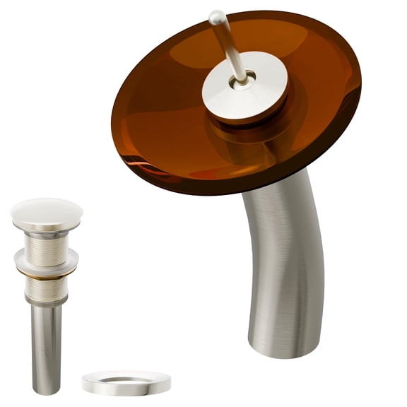 Novatto GF-001BN-T-PUD Falls Vessel Faucet Tea Colored Glass and Drain Set in Brushed Nickel