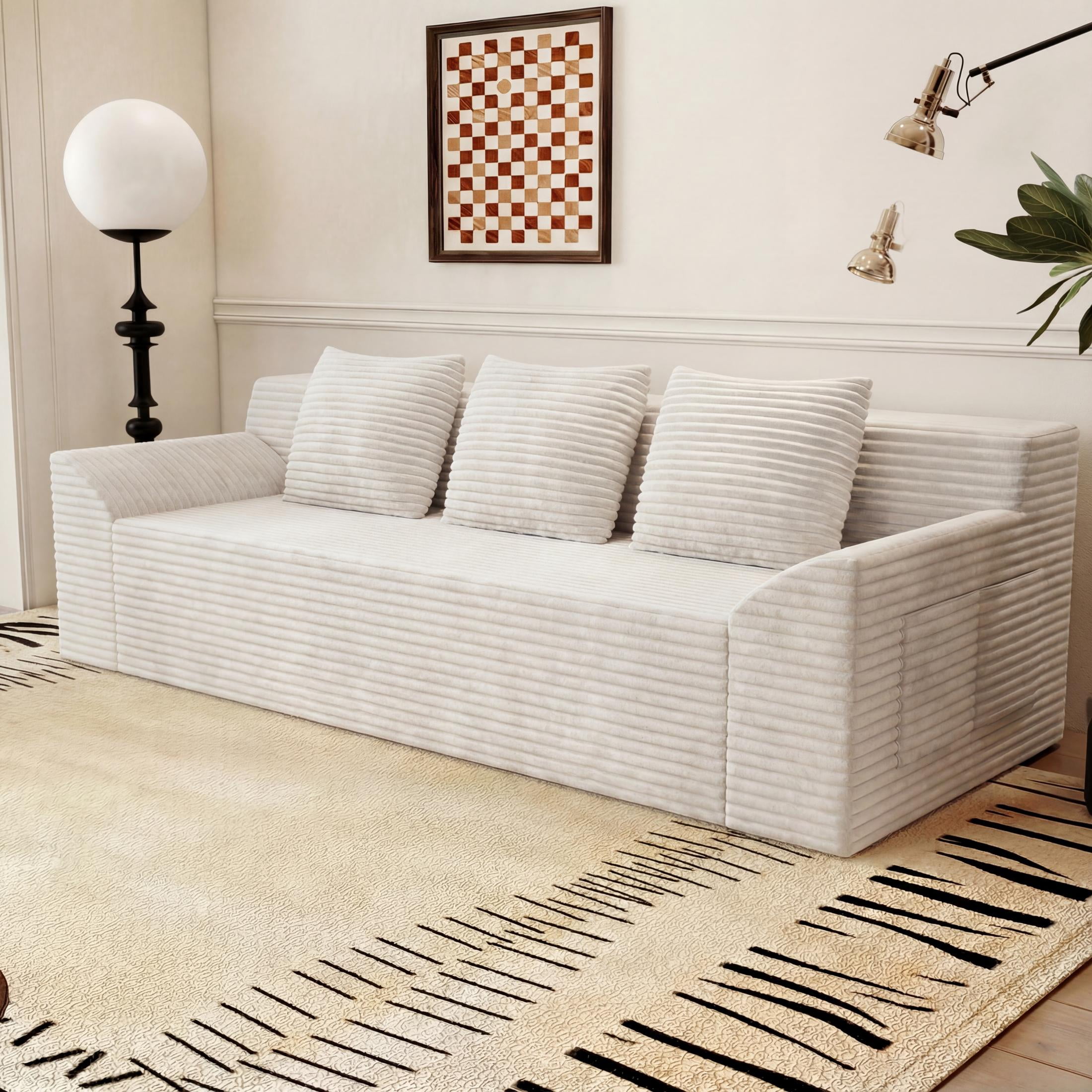 HSUNNS 71" 3 Setaser Sofa, Comfy Extra Deep Seat 3 Seater Couch for Living Room with Soft Upholstered, Free 3 Pillows, No Assembly Required, Beige