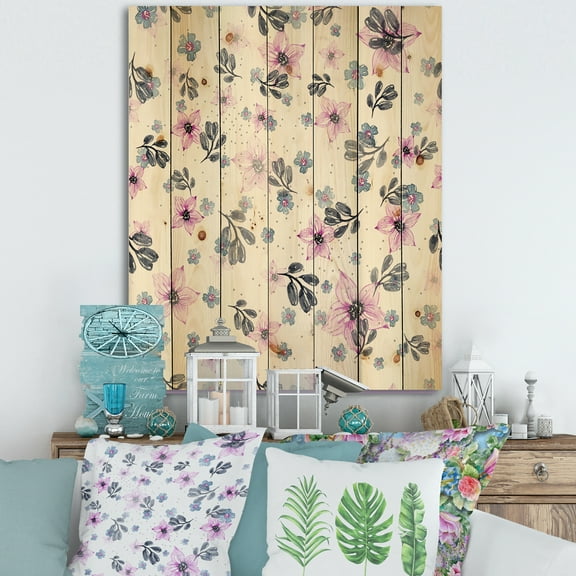 Designart 'Petals and Pink Flowers' Traditional Print on Natural Pine Wood